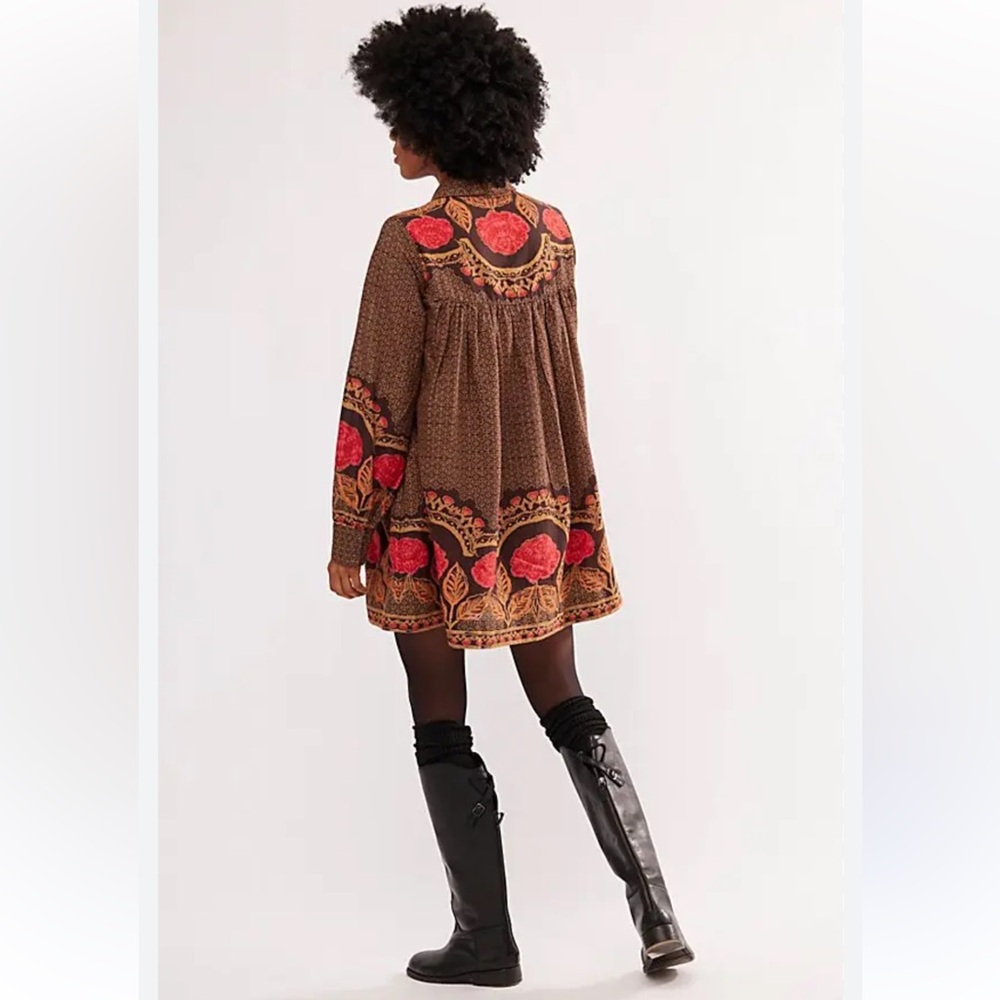 Free People Smell The Roses Mini Dress In Dark Coffee - Picture 2 of 16
